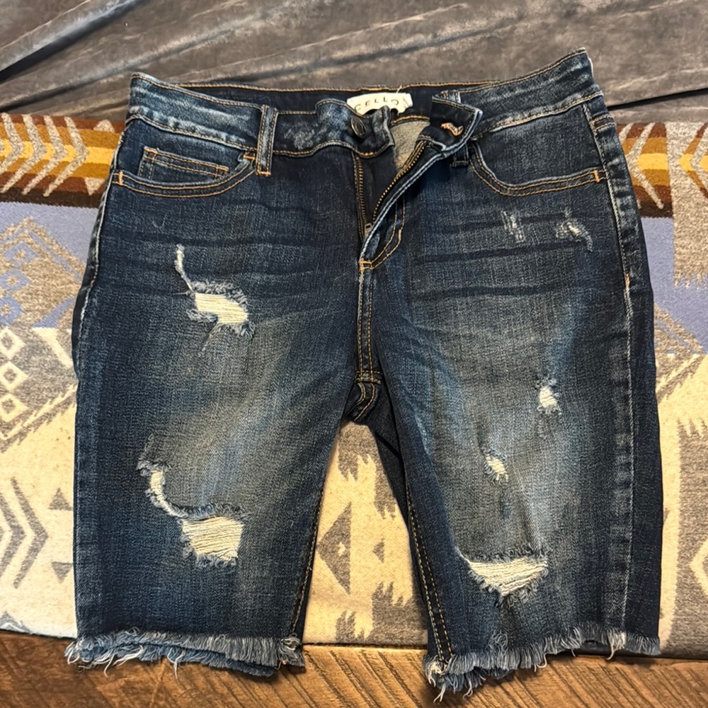 Cello Blue Bermuda Shorts with Distressed Details